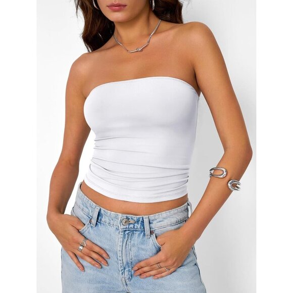 Women's Solid Polyester Spandex Bandeau Crop Top Sleeveless Summer Outfit - Picture 3 of 6